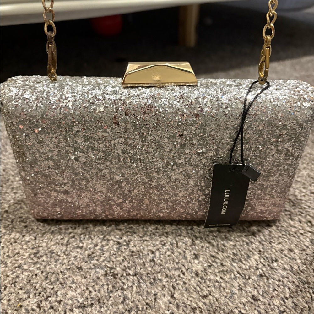 Lulu's Silver Sparkle Evening Clutch with Gold Chain